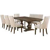 D42 7 Piece Extendable Dining Set with Bench in Walnut Finish Wood & Beige Linen