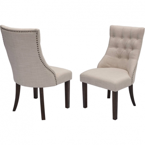 D42 Dining Chair in Tufted Beige Linen & Walnut Finish Wood (Set of 2)