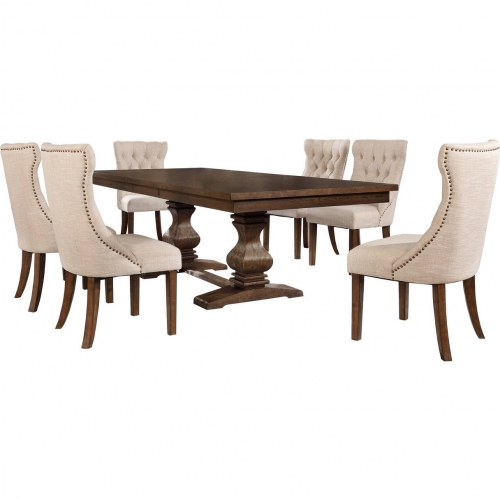 D42 7 Piece Dining Set in Tufted Beige Linen & Walnut Finish Wood