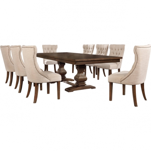 D42 9 Piece Dining Set in Tufted Beige Linen & Walnut Finish Wood