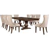 D42 9 Piece Dining Set in Tufted Beige Linen & Walnut Finish Wood