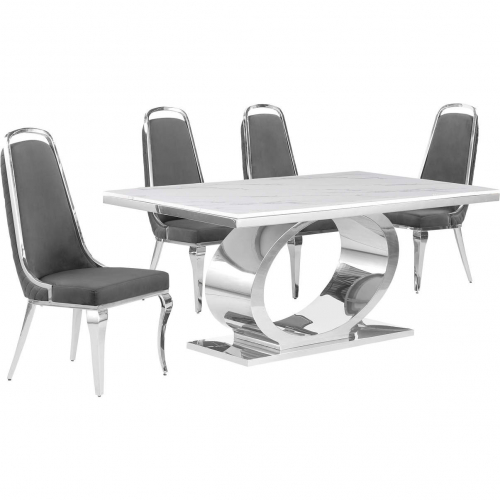 D430 5 Piece Dining Set in White Marble, Polished Stainless Steel & Dark Gray Velvet