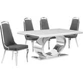 D430 5 Piece Dining Set in White Marble, Polished Stainless Steel & Dark Gray Velvet