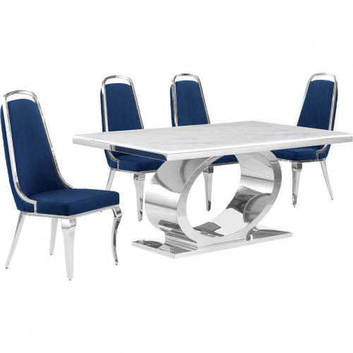 D430 5 Piece Dining Set in White Marble, Polished Stainless Steel & Navy Blue Velvet