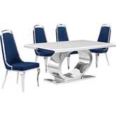 D430 5 Piece Dining Set in White Marble, Polished Stainless Steel & Navy Blue Velvet