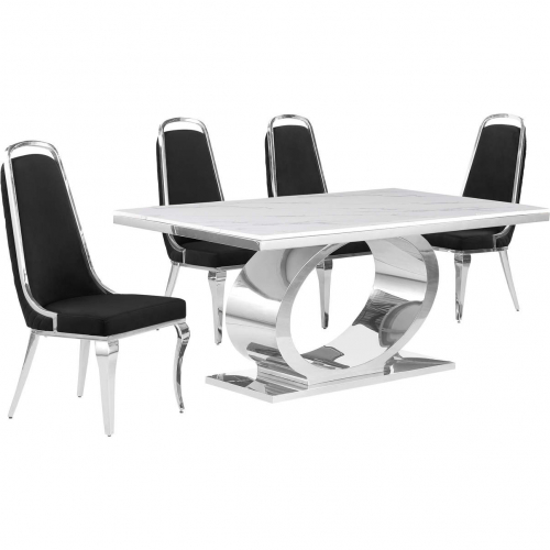 D430 5 Piece Dining Set in White Marble, Polished Stainless Steel & Black Velvet