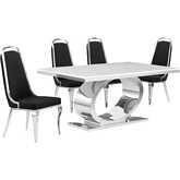 D430 5 Piece Dining Set in White Marble, Polished Stainless Steel & Black Velvet