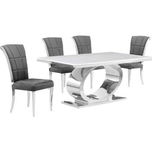 D430 5 Piece Dining Set in White Marble, Polished Stainless Steel & Dark Gray Velvet