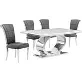 D430 5 Piece Dining Set in White Marble, Polished Stainless Steel & Dark Gray Velvet