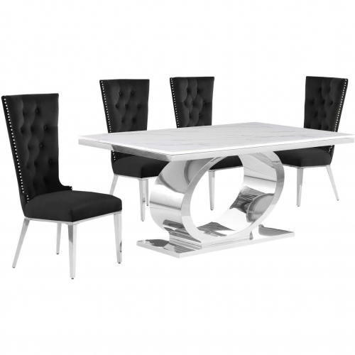 D430 5 Piece Dining Set in White Marble, Polished Stainless Steel & Black Velvet