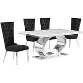D430 5 Piece Dining Set in White Marble, Polished Stainless Steel & Black Velvet