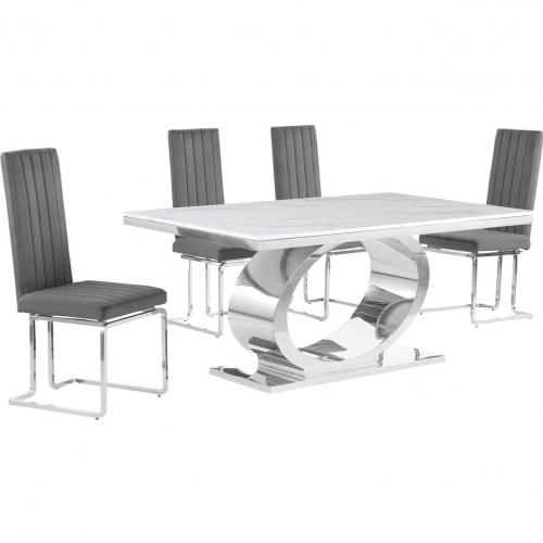 D430 5 Piece Dining Set in White Marble, Polished Stainless Steel & Dark Gray Velvet