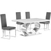 D430 5 Piece Dining Set in White Marble, Polished Stainless Steel & Dark Gray Velvet