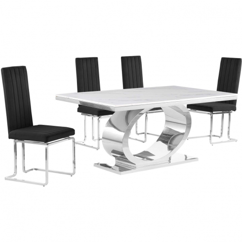 D430 5 Piece Dining Set in White Marble, Polished Stainless Steel & Black Velvet