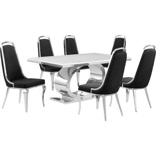 D430 7 Piece Dining Set in White Marble, Polished Stainless Steel & Black Velvet