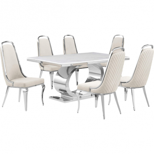 D430 7 Piece Dining Set in White Marble, Polished Stainless Steel & Cream Velvet
