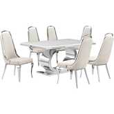 D430 7 Piece Dining Set in White Marble, Polished Stainless Steel & Cream Velvet