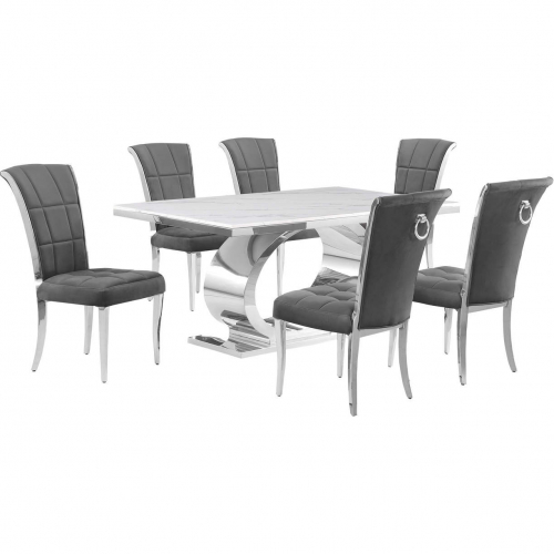 D430 7 Piece Dining Set in White Marble, Polished Stainless Steel & Dark Gray Velvet