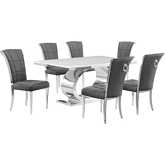 D430 7 Piece Dining Set in White Marble, Polished Stainless Steel & Dark Gray Velvet