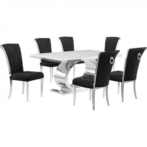 D430 7 Piece Dining Set in White Marble, Polished Stainless Steel & Black Velvet