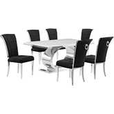 D430 7 Piece Dining Set in White Marble, Polished Stainless Steel & Black Velvet