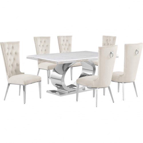 D430 7 Piece Dining Set in White Marble, Polished Stainless Steel & Cream Velvet