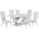 D430 7 Piece Dining Set in White Marble, Polished Stainless Steel & Cream Velvet