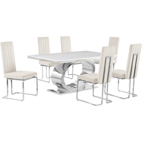 D430 7 Piece Dining Set in White Marble, Polished Stainless Steel & Cream Velvet
