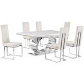 D430 7 Piece Dining Set in White Marble, Polished Stainless Steel & Cream Velvet