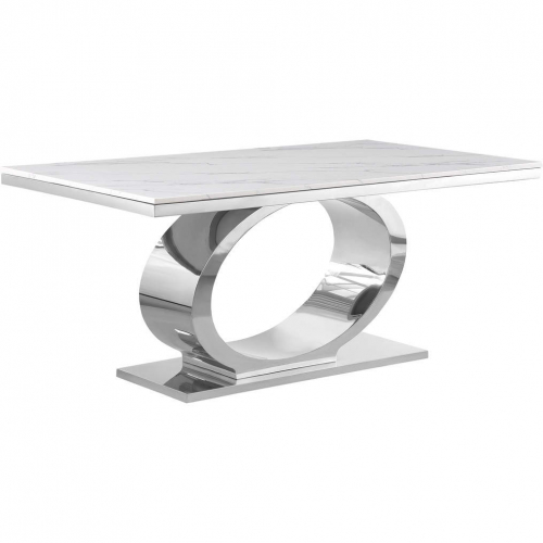 D430 68" Dining Table in White Marble & Polished Stainless Steel