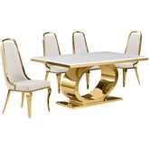 D431 5 Piece Dining Set in White Marble, Polished Gold Stainless Steel & Cream Velvet