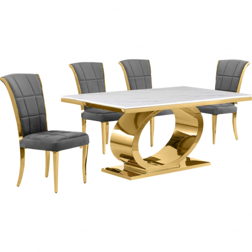 D431 5 Piece Dining Set in White Marble, Polished Gold Stainless Steel & Dark Gray Velvet