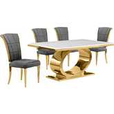 D431 5 Piece Dining Set in White Marble, Polished Gold Stainless Steel & Dark Gray Velvet