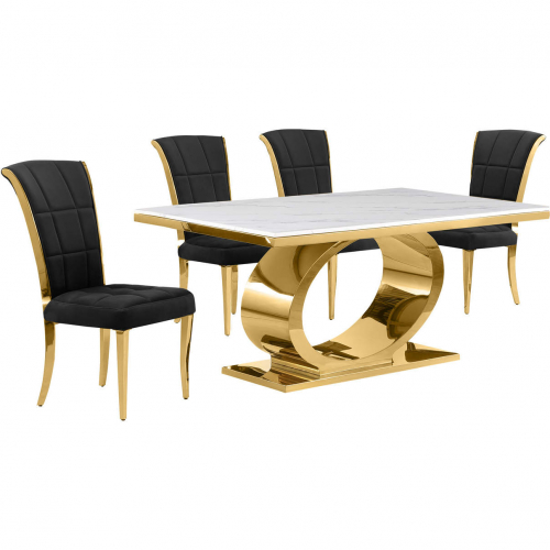 D431 5 Piece Dining Set in White Marble, Polished Gold Stainless Steel & Black Velvet