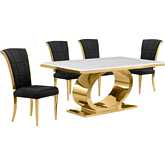D431 5 Piece Dining Set in White Marble, Polished Gold Stainless Steel & Black Velvet