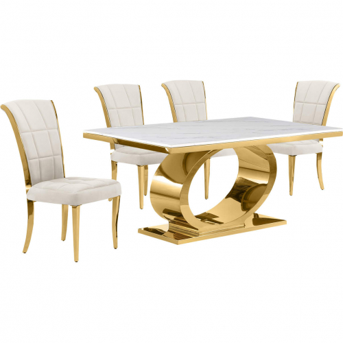 D431 5 Piece Dining Set in White Marble, Polished Gold Stainless Steel & Cream Velvet