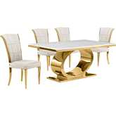 D431 5 Piece Dining Set in White Marble, Polished Gold Stainless Steel & Cream Velvet
