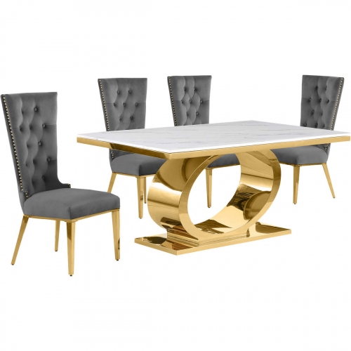 D431 5 Piece Dining Set in White Marble, Polished Gold Stainless Steel & Dark Gray Velvet