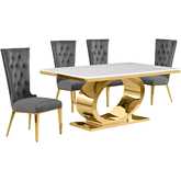 D431 5 Piece Dining Set in White Marble, Polished Gold Stainless Steel & Dark Gray Velvet