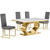 D431 5 Piece Dining Set in White Marble, Polished Gold Stainless Steel & Dark Gray Velvet