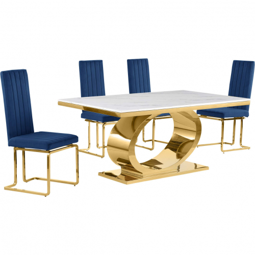 D431 5 Piece Dining Set in White Marble, Polished Gold Stainless Steel & Navy Blue Velvet