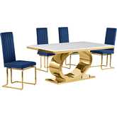 D431 5 Piece Dining Set in White Marble, Polished Gold Stainless Steel & Navy Blue Velvet