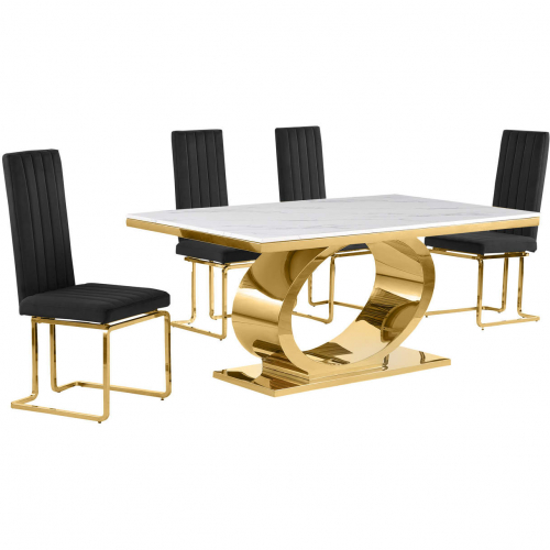 D431 5 Piece Dining Set in White Marble, Polished Gold Stainless Steel & Black Velvet
