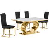 D431 5 Piece Dining Set in White Marble, Polished Gold Stainless Steel & Black Velvet
