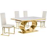 D431 5 Piece Dining Set in White Marble, Polished Gold Stainless Steel & Cream Velvet