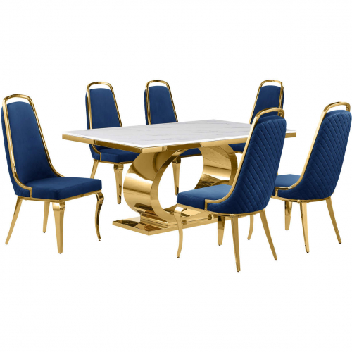 D431 7 Piece Dining Set in White Marble, Polished Gold Stainless Steel & Navy Blue Velvet
