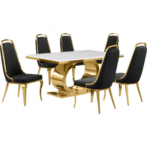 D431 7 Piece Dining Set in White Marble, Polished Gold Stainless Steel & Black Velvet