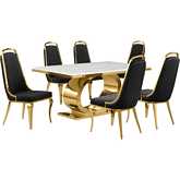 D431 7 Piece Dining Set in White Marble, Polished Gold Stainless Steel & Black Velvet