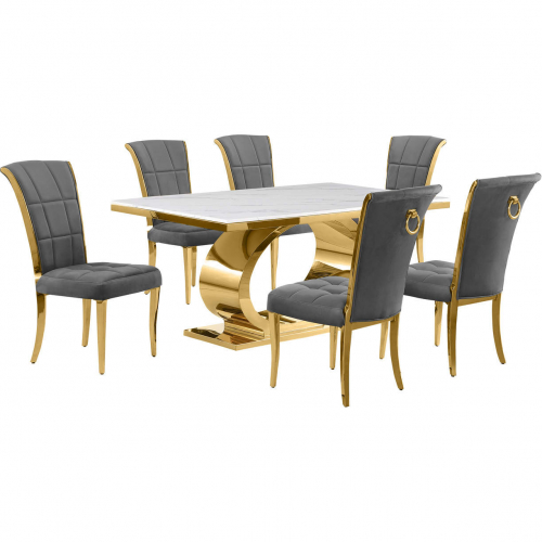 D431 7 Piece Dining Set in White Marble, Polished Gold Stainless Steel & Dark Gray Velvet