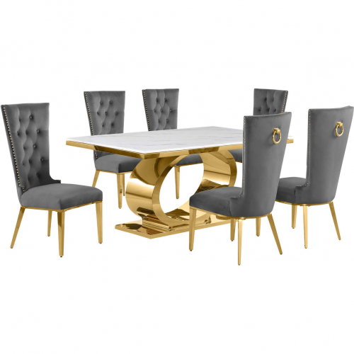 D431 7 Piece Dining Set in White Marble, Polished Gold Stainless Steel & Dark Gray Velvet